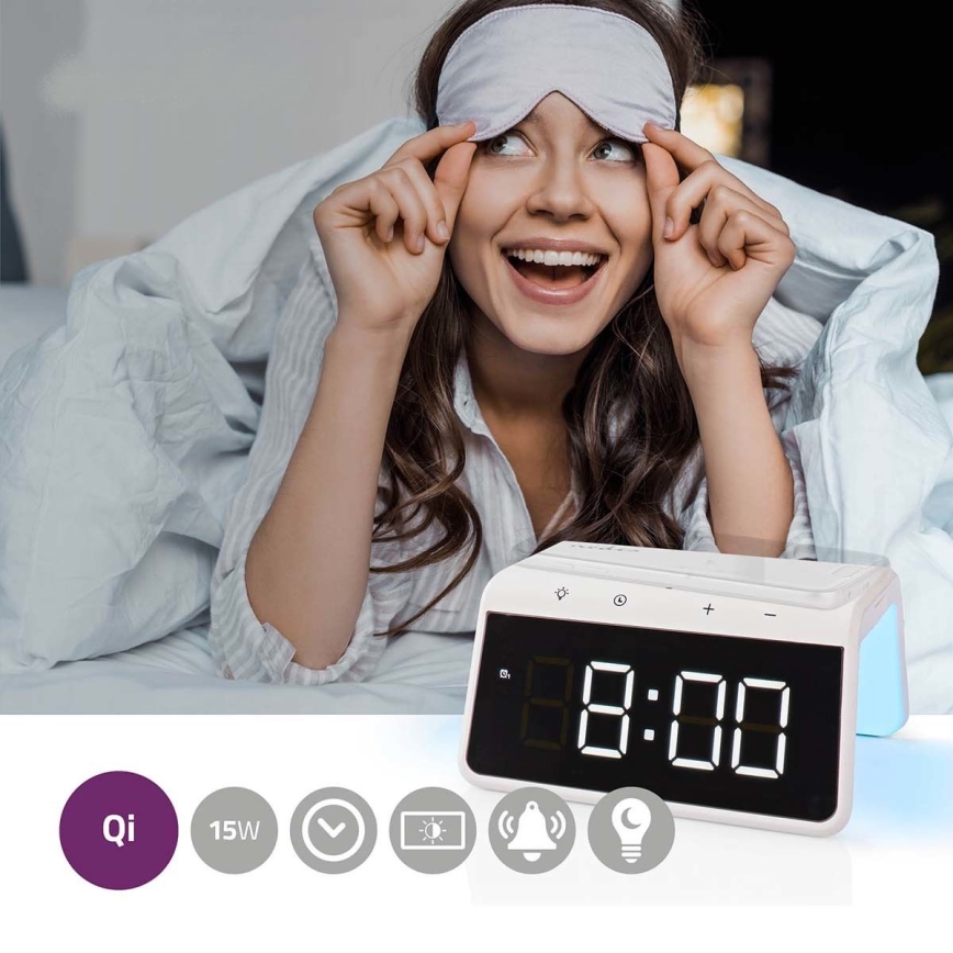 Будильник с LCD-дисплеем и беспроводной зарядкой 15W/230V белый