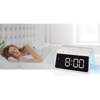 Будильник с LCD-дисплеем и беспроводной зарядкой 15W/230V белый