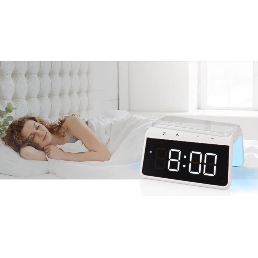 Будильник с LCD-дисплеем и беспроводной зарядкой 15W/230V белый