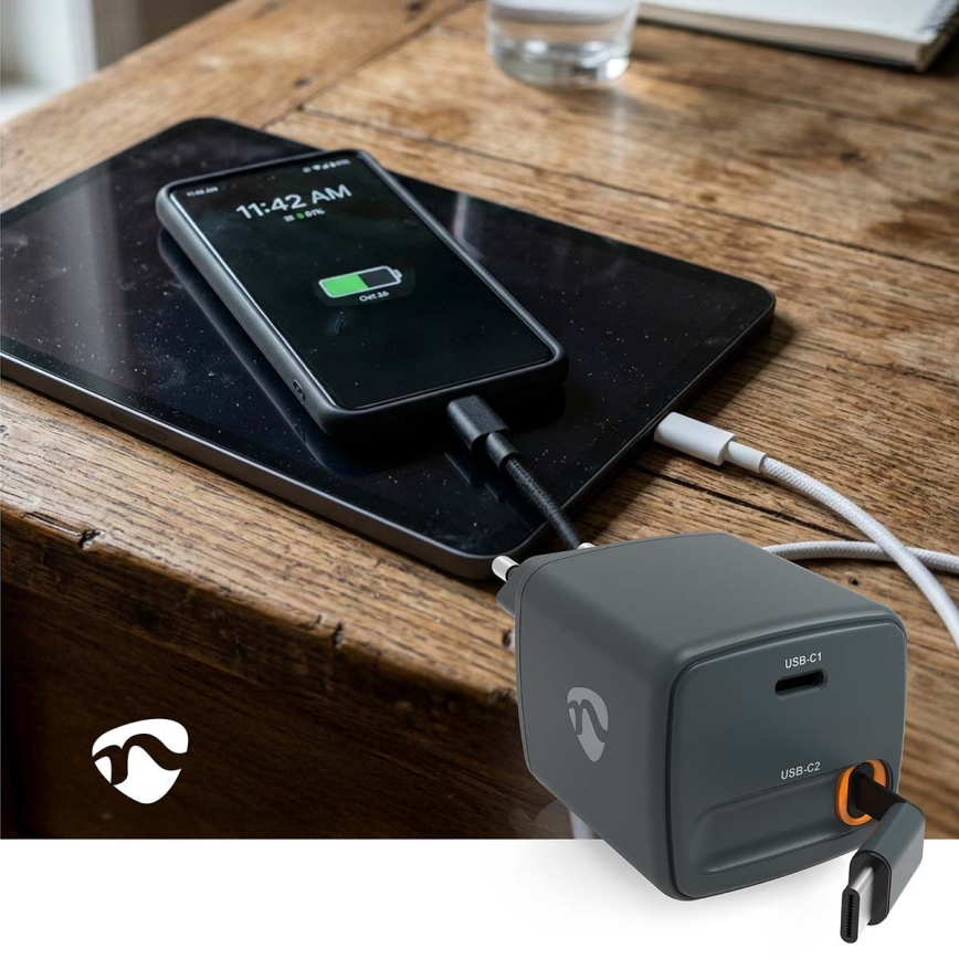 Черное зарядное устройство с втягивающимся кабелем, Power Delivery 30 Вт, 2× USB-C