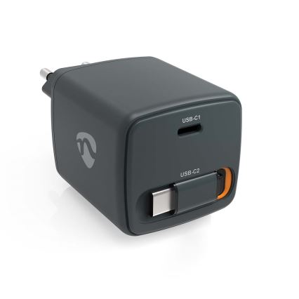 Черное зарядное устройство с втягивающимся кабелем, Power Delivery 30 Вт, 2× USB-C