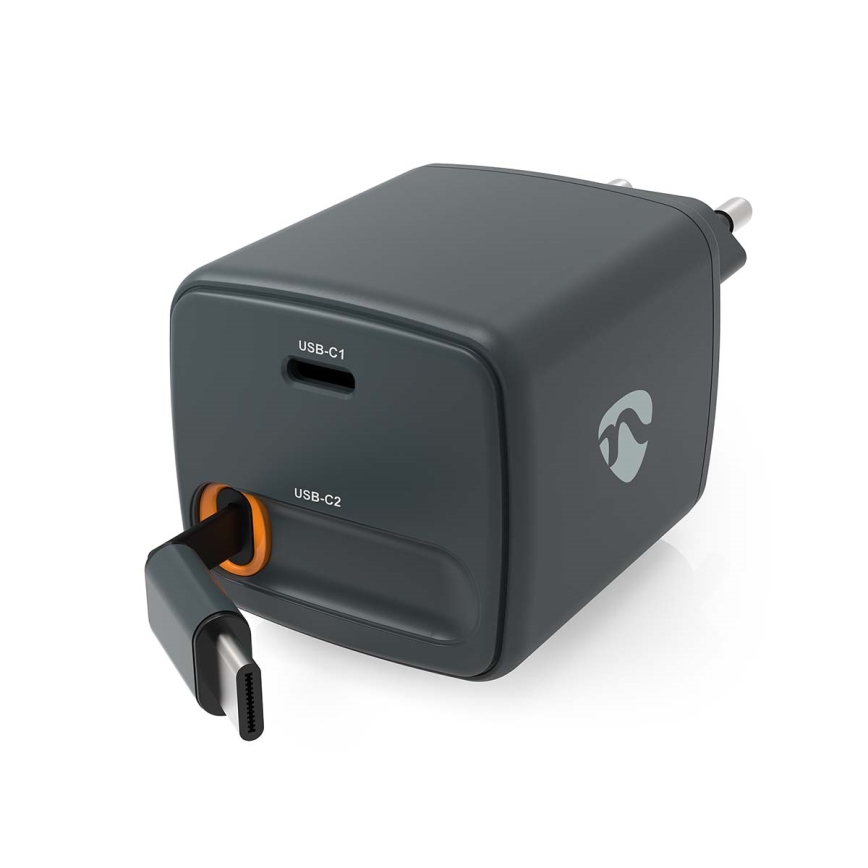 Черное зарядное устройство с втягивающимся кабелем, Power Delivery 30 Вт, 2× USB-C