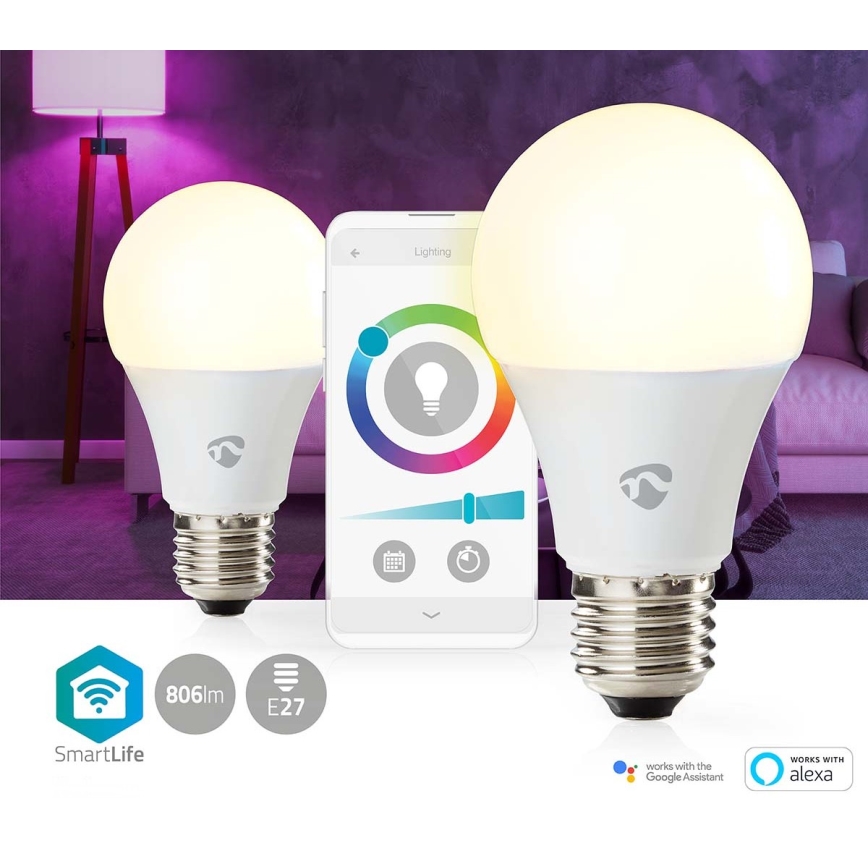 Комплект из 2 диммируемых светодиодных ламп SmartLife RGBW, цоколь E27, 9 Вт, 230 В, Wi‑Fi, 2700–6500 К