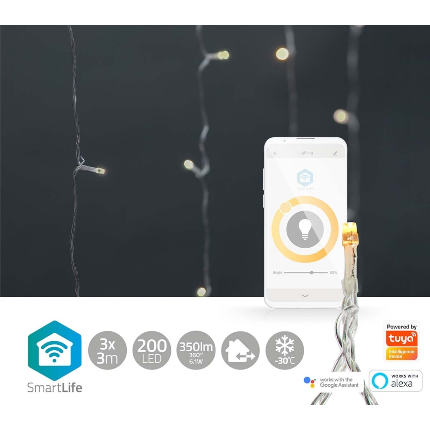 Вулична різдвяна LED гірлянда-штора 200xLED/8 функцій 6м IP65 Wi-Fi Tuya теплий білий