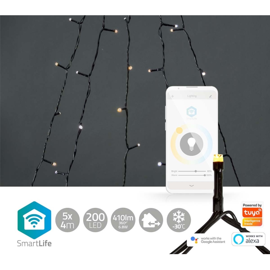 Вулична різдвяна LED гірлянда-штора 200xLED/8 функцій 5x7м IP65 Wi-Fi Tuya теплий-холодний білий