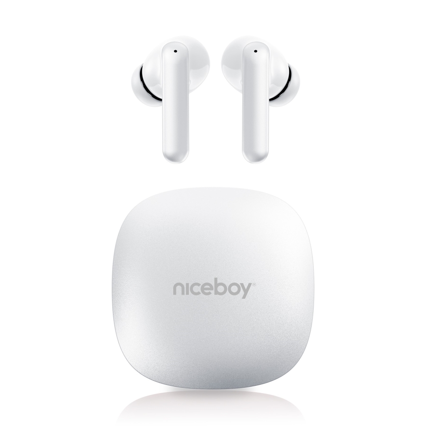 Niceboy Pins 4 PRO - Беспроводные наушники с активным шумоподавлением ANC 380 мАч + 2x 35 мАч, степень защиты IP54, белые