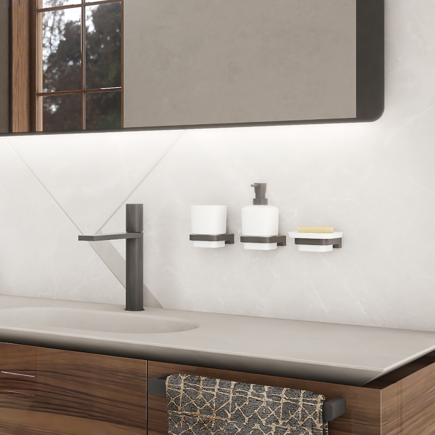 NIMCO MAC set-31K-T-90 - Настінний дозатор для мила, підставка для зубних щіток і настінний гачок MAYA 320 мл білий/матовий чорний