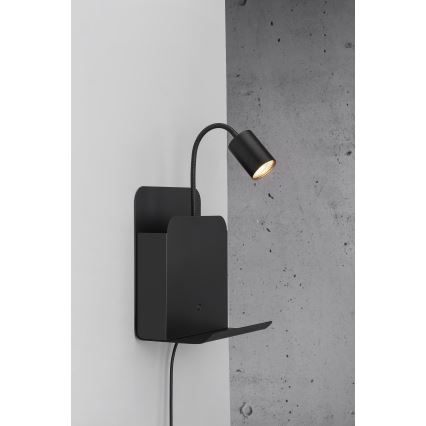Nordlux - Настінний точковий світильник з поличкою і USB ROOMI 1xGU10/8W/230V чорний