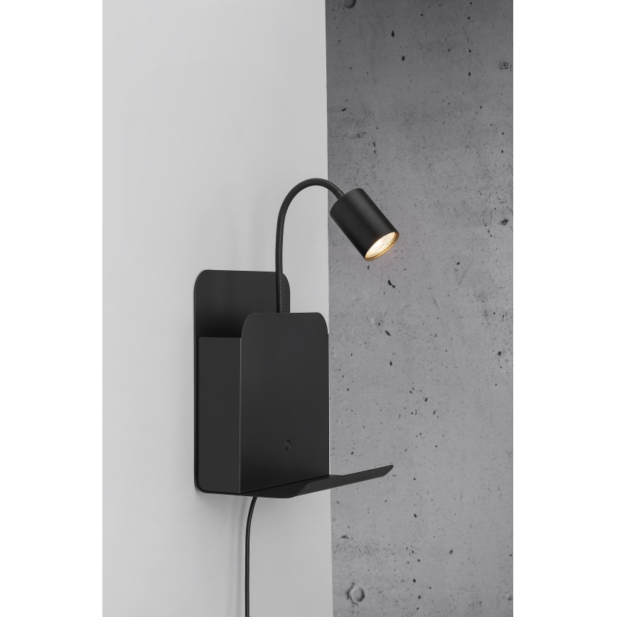 Nordlux - Настінний точковий світильник з поличкою і USB ROOMI 1xGU10/8W/230V чорний