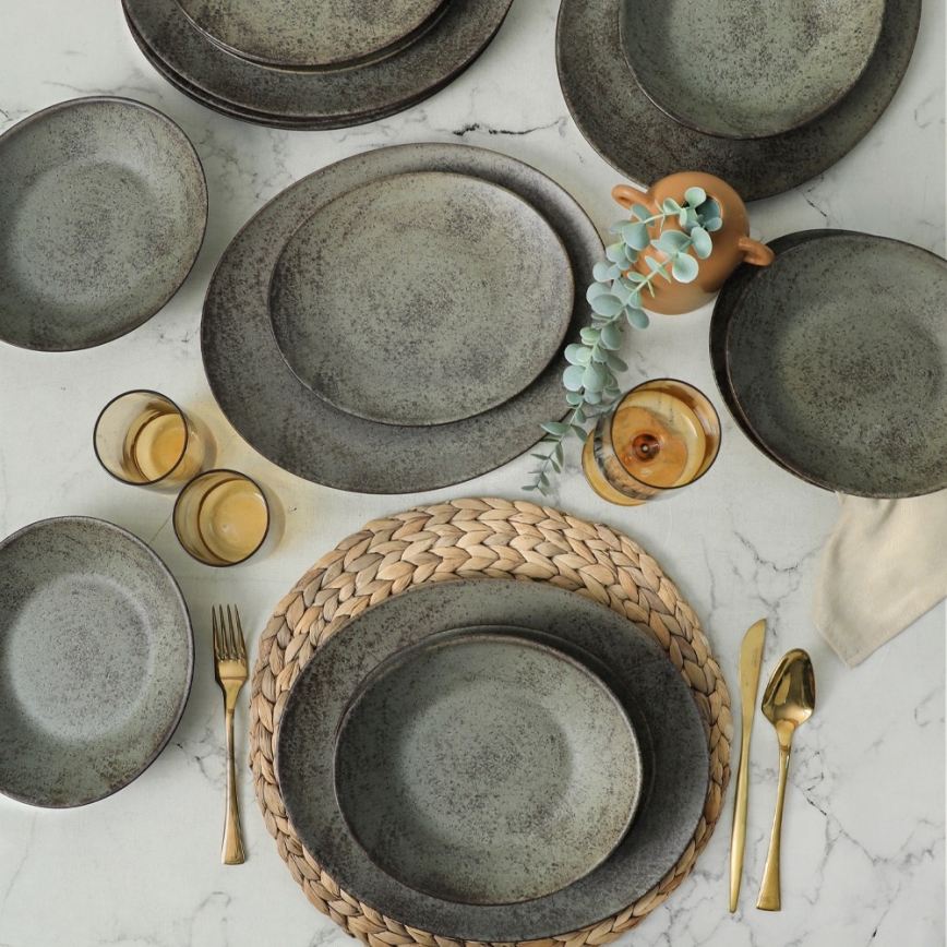 Обідній сервіз 18 шт антрацит/зелений/кам'яна кераміка