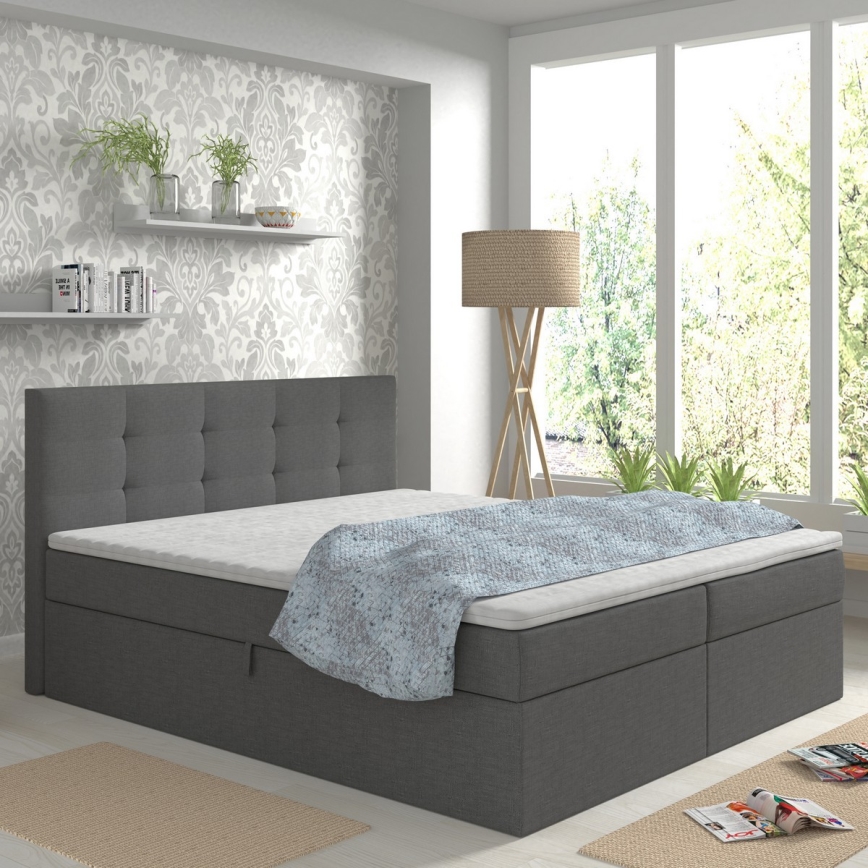Обитая кровать с матрасами и топпером, с местом для хранения EMBER 180x200 см антрацит