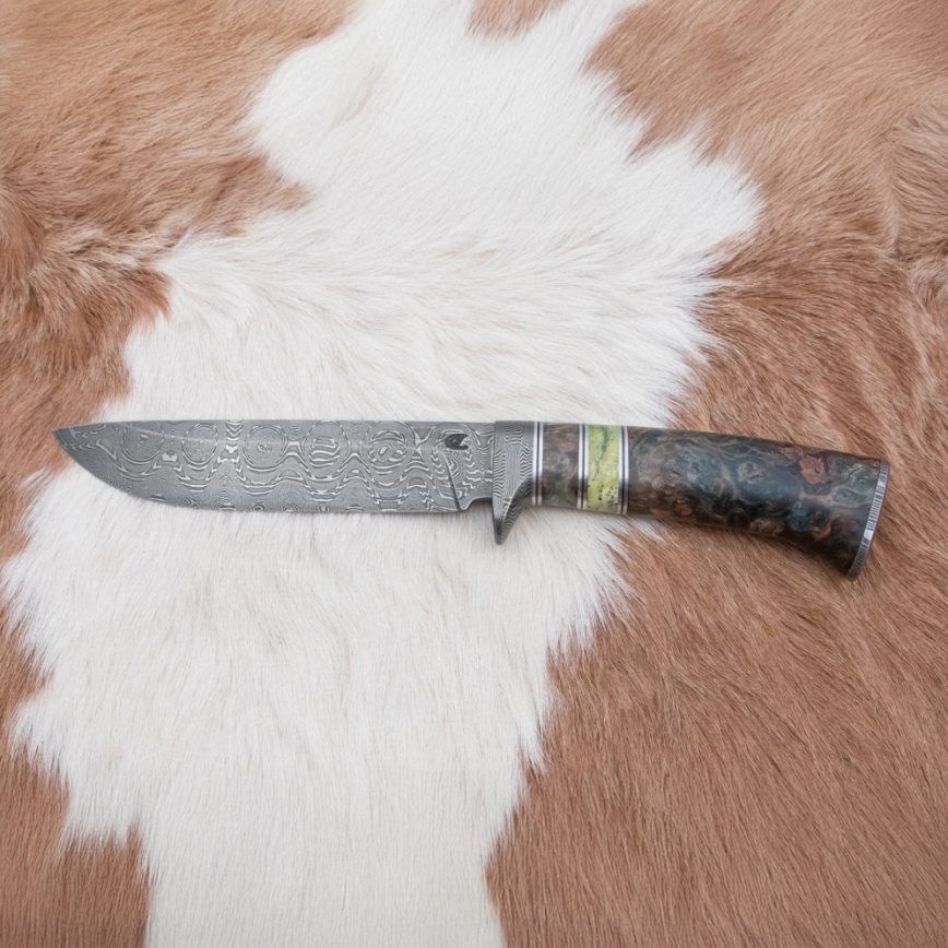 Охотничий нож из дамасской стали 14,5 см ольха/серпентинит