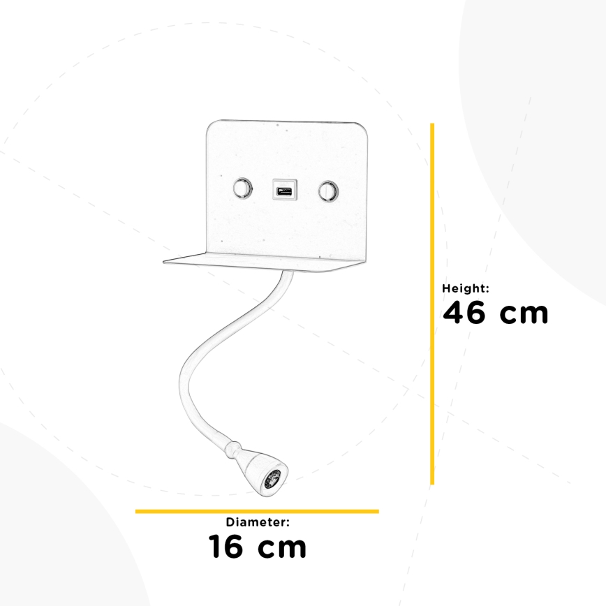 ONLI - LED Гнучка лампа з полицею і USB зарядкою PLAK LED/1W/230V білий