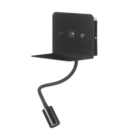ONLI - LED Гнучка лампа з полицею і USB зарядкою PLAK LED/1W/230V чорний