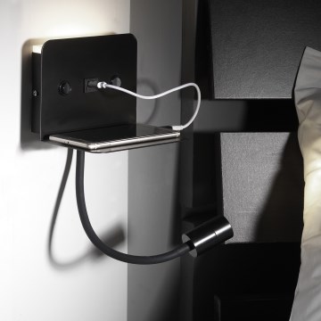 ONLI - Светодиодная гибкая маленькая лампа с полкой и USB зарядкой PLAK LED/1W/230V черный