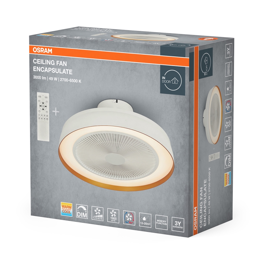 Osram — диммируемый потолочный светильник с вентилятором, LED 49 Вт, 230 В, 2700–6500 K, белый/золотой, с пультом дистанционного управления