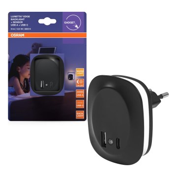 Osram - LED-ночник в розетку с датчиком и USB LUNETTA LED/12,5W/230V черный