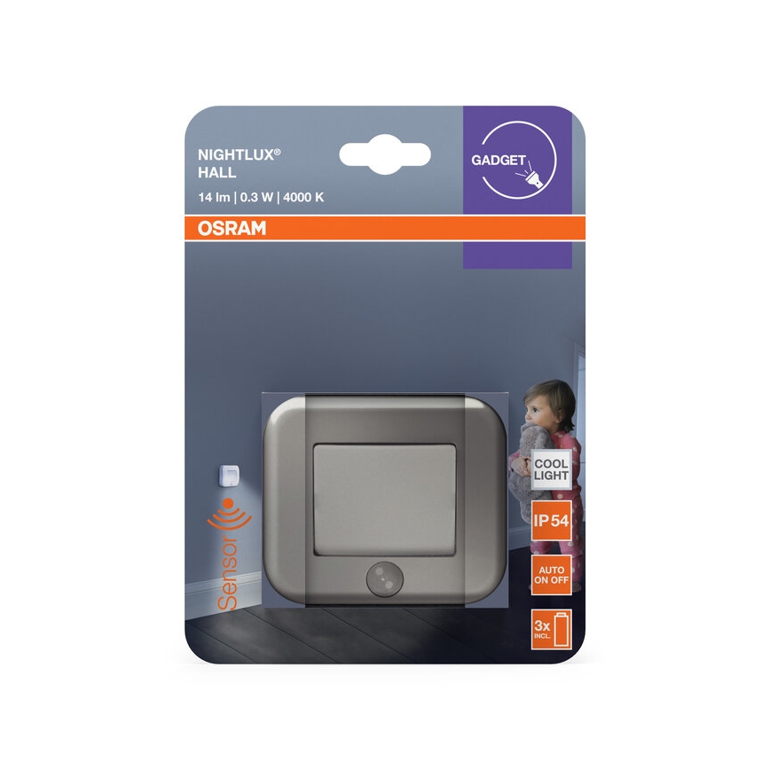 Osram - светодиодный ночник с датчиком NIGHTLUX, LED/0,3W/3xAAA, IP54, серебристый