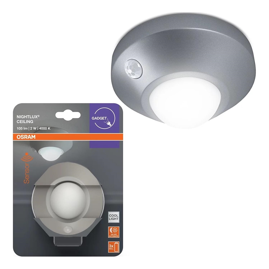 Osram - LED ориентировочный светильник с датчиком NIGHTLUX LED/2W/3xAA серебристый