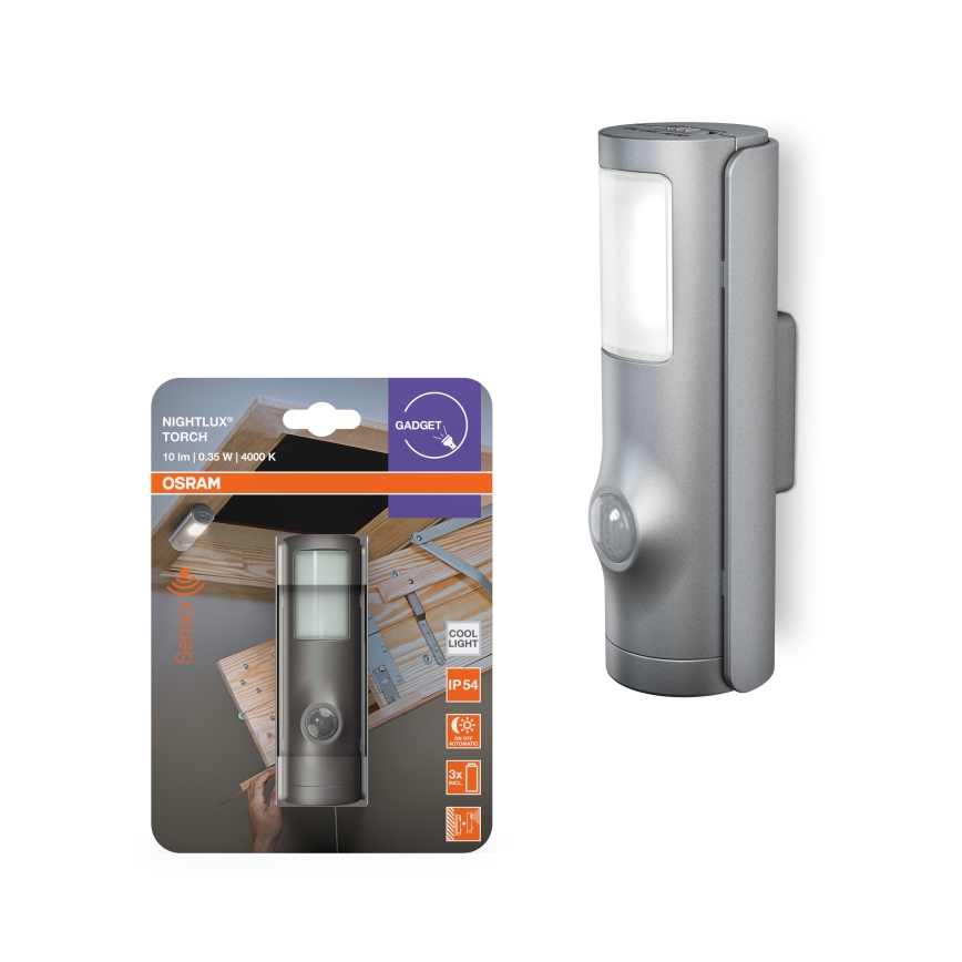 Osram - LED орієнтувальний світильник з датчиком NIGHTLUX LED/0,35 Вт/3xAAA IP54 сріблястий