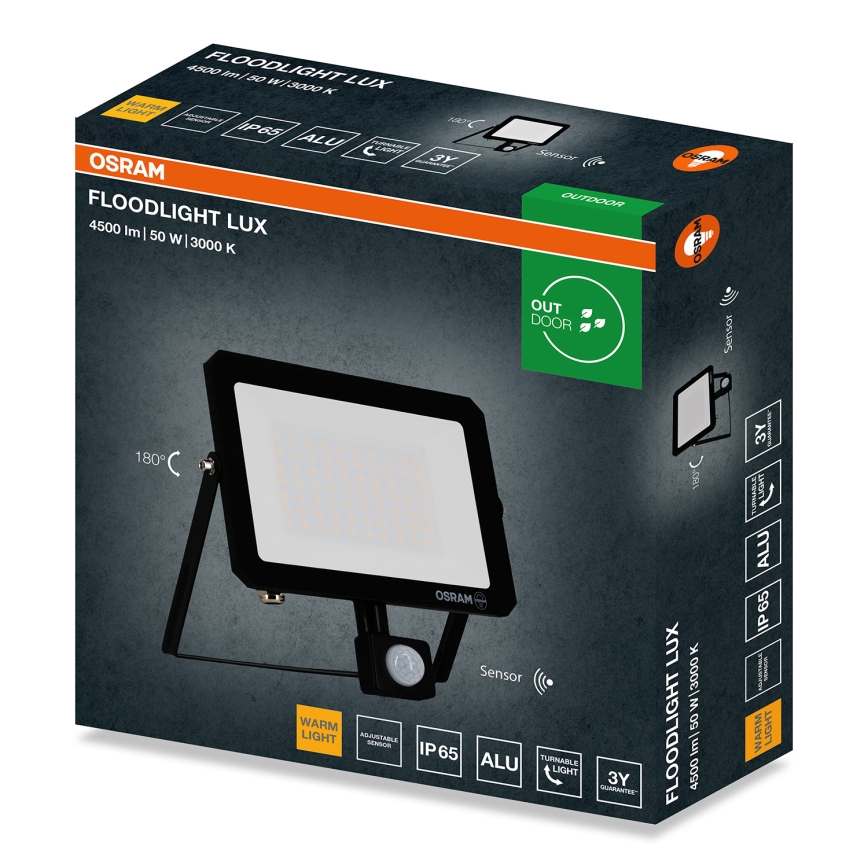 Osram - LED-прожектор з датчиком руху та сутінковим датчиком FLOODLIGHT LED/50W/230V 3000K IP65 чорний