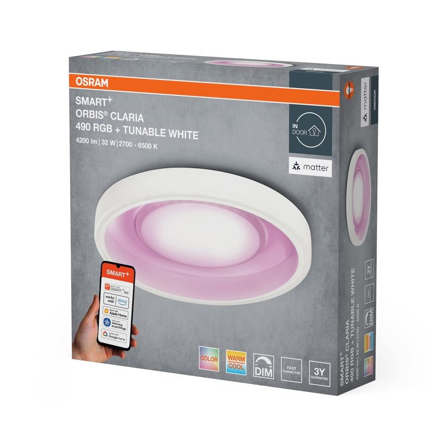 Osram — Светодиодный RGBW диммируемый потолочный светильник SMART+ CLARIA, 32 Вт, 230 В, Ø 49 см, 2700–6500K, Wi‑Fi
