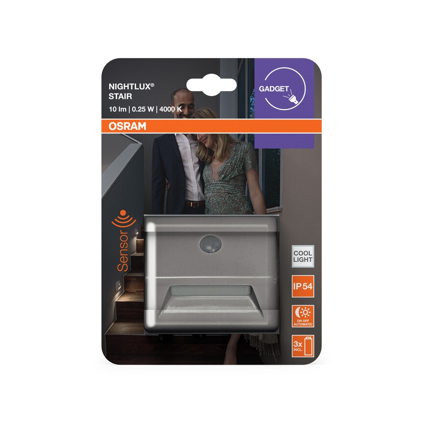 Osram - сходовий світильник LED з датчиком NIGHTLUX LED/0,25W/3xAAA IP54 сріблястий