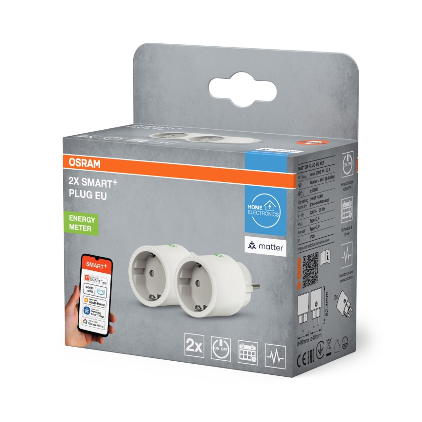 Osram - Набор из 2 умных розеток SMART+ MATTER SCHUKO 2300W/230V/10A Wi-Fi, белые