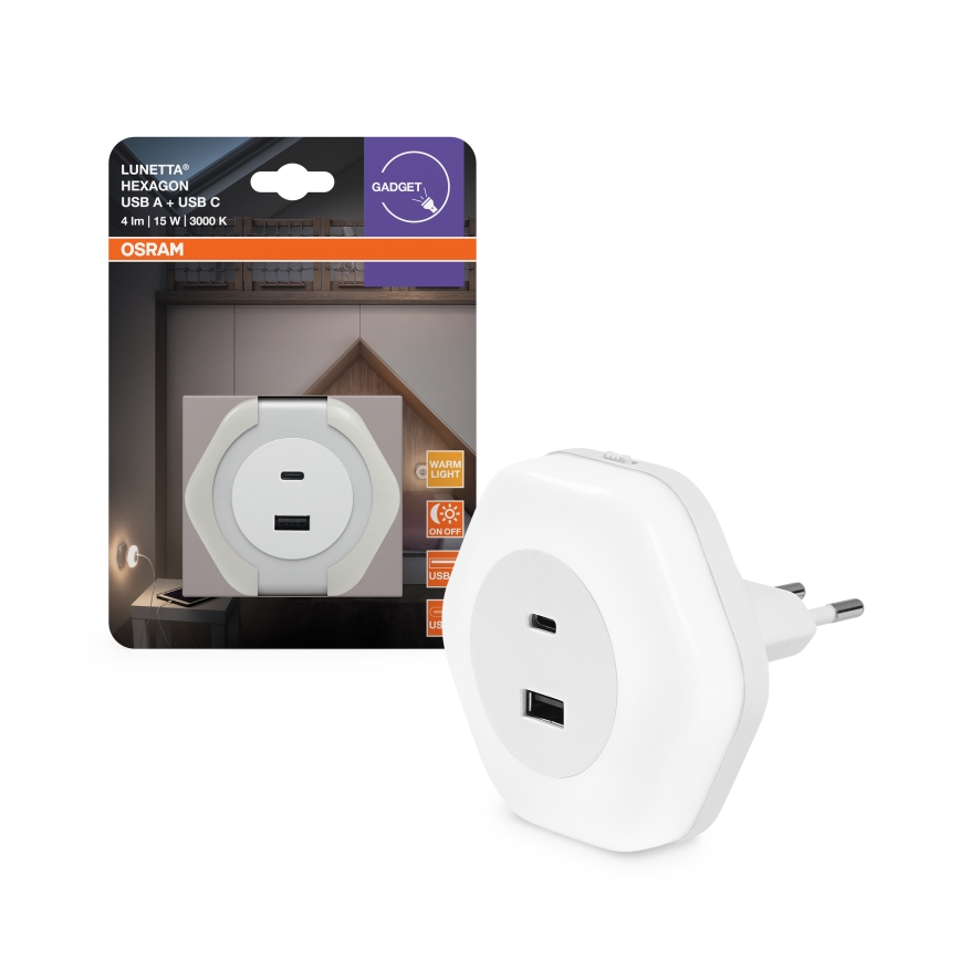 Osram - LED ночник в розетку с USB LUNETTA LED/15W/230V белый