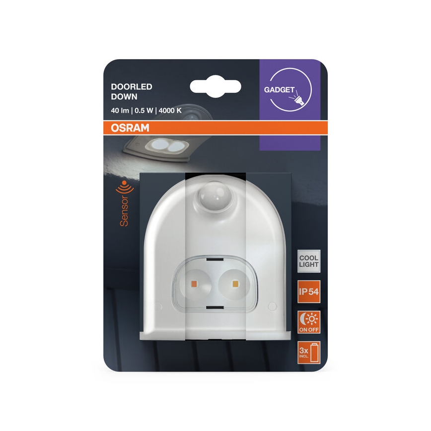 Osram - LED зовнішній настінний світильник із сенсором DOORLED, 0,5 Вт, 3×AA, IP54, білий