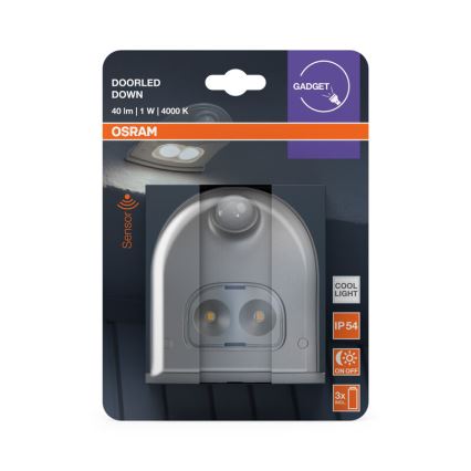 Osram — наружный настенный LED-светильник с датчиком DOORLED, 0,5 Вт, питание 3xAA, степень защиты IP54, серебристый