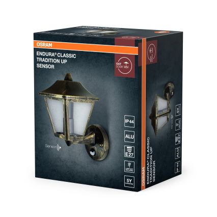 Osram - Наружный настенный светильник с датчиком TRADITION UP 1xE27/60W/230V IP44 патина/золото