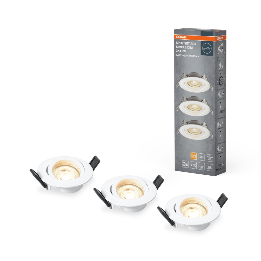 Osram — набір із 3 шт. димованих вбудованих LED-спотів SPOT LED, 4,9 Вт / 230 В, 2700 К (тепле біле), діам. 8,7 см, білий