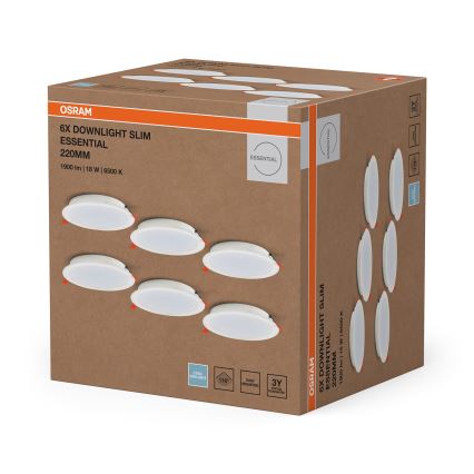 Osram - НАБІР 6 шт. вбудованих світильників ESSENTIAL LED, 18 Вт, 230 В, 6500 К (холодне біле світло), діаметр 22 см, білий