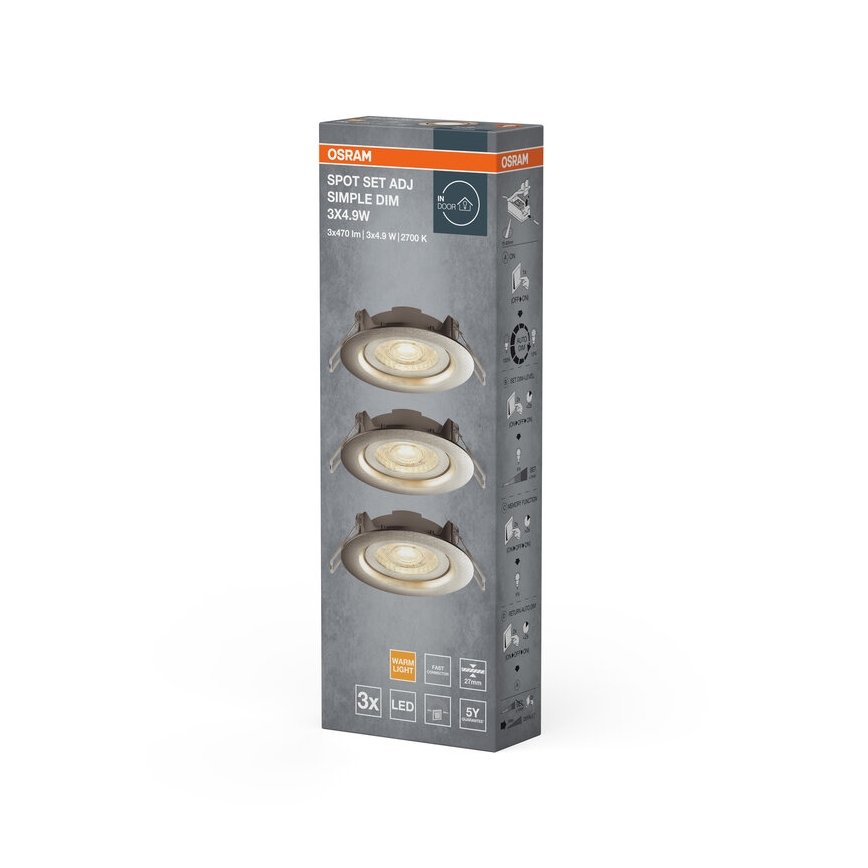 Osram - комплект из 3 диммируемых встраиваемых потолочных светодиодных светильников, 4,9 Вт, 230 В