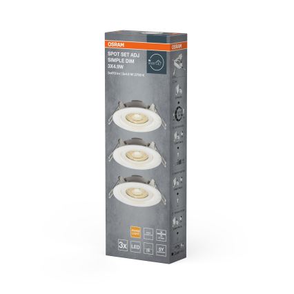 Osram - комплект из 3 диммируемых встраиваемых потолочных светильников SPOT LED/4,9W/230V 2700K, диаметр 8,7 см, белые