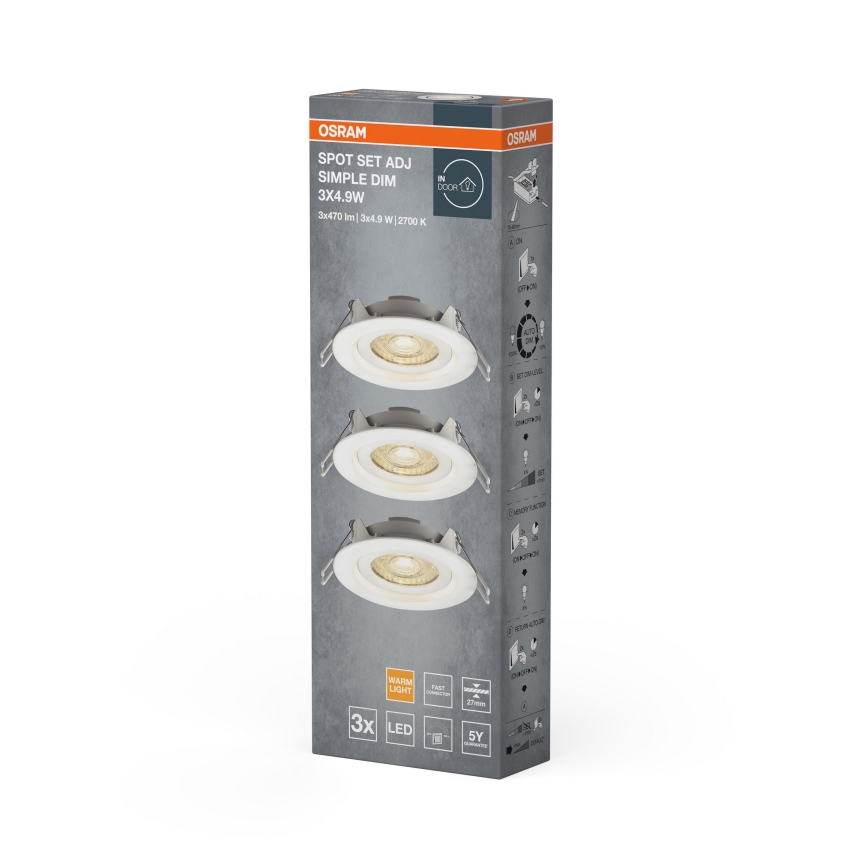 Osram - комплект из 3 диммируемых встраиваемых потолочных светильников SPOT LED/4,9W/230V 2700K, диаметр 8,7 см, белые
