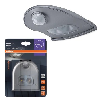 Osram — наружный настенный LED-светильник с датчиком DOORLED, 0,5 Вт, питание 3xAA, степень защиты IP54, серебристый