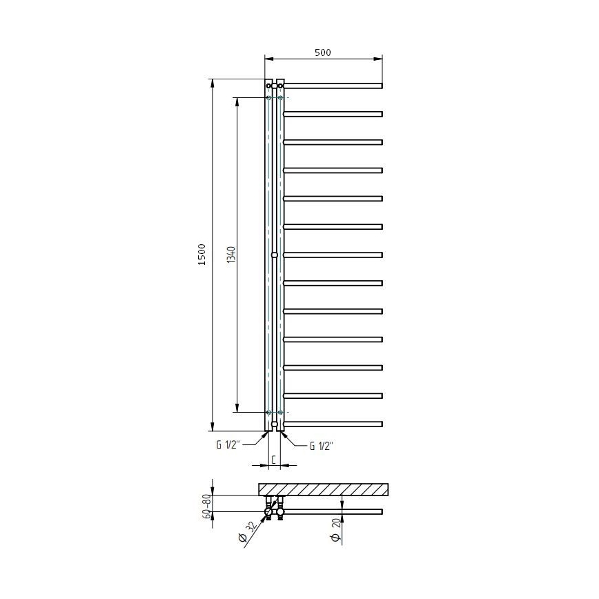 P.M.H. AP2C - Полотенцесушитель для ванной APOLLO 219W 150 см правый/полированный хром