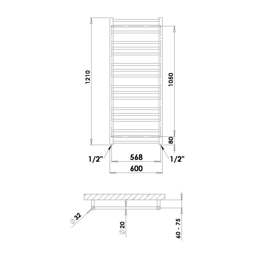 P.M.H. SN4C - Драбинна рушникосушарка SORANO для ванної кімнати, 470 Вт, 121 см, блискучий хром