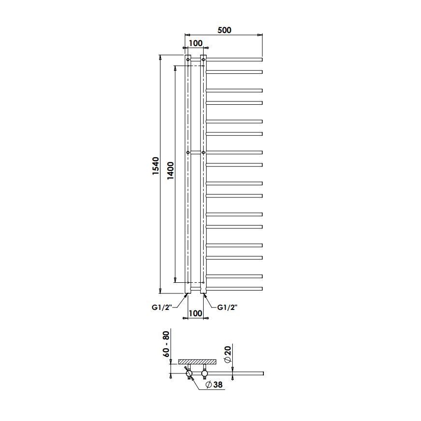 P.M.H. T2B - Рушникосушка для ванної кімнати THEIA 352 Вт 154 см, права/чорна