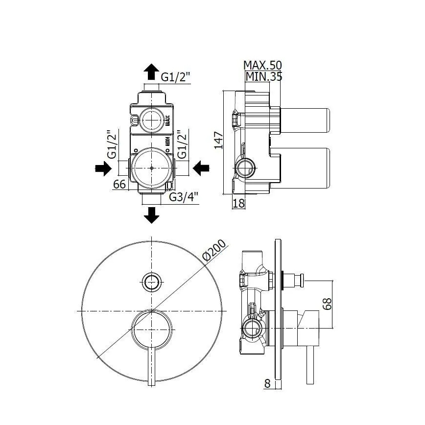 Paffoni - Душовий змішувач LIGHT для прихованого монтажу, глянцевий хром
