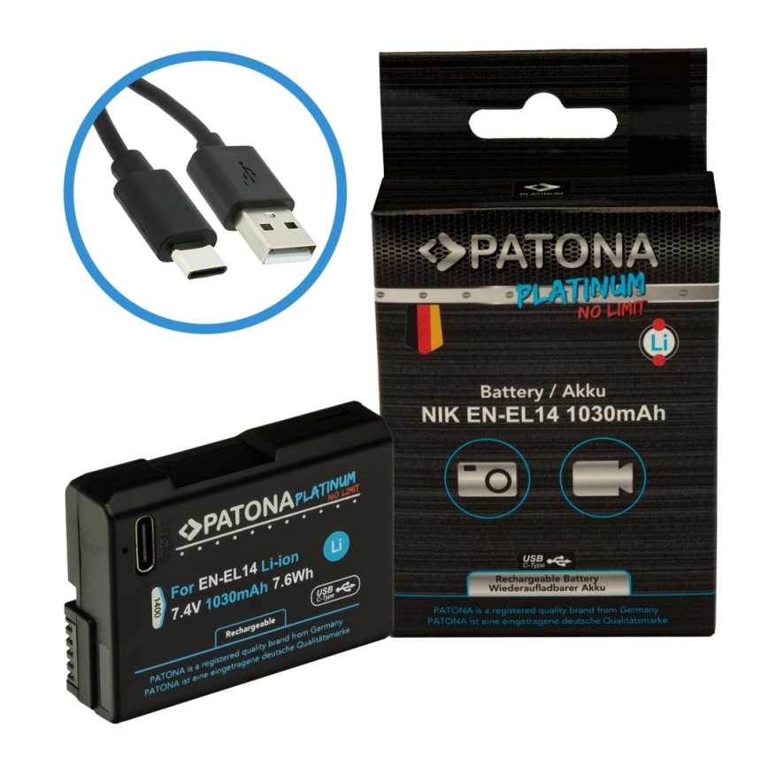 PATONA - Акумулятор Nikon EN-EL14/EN-EL14A 1030mAh Li-Ion Platinum USB-C зарядка