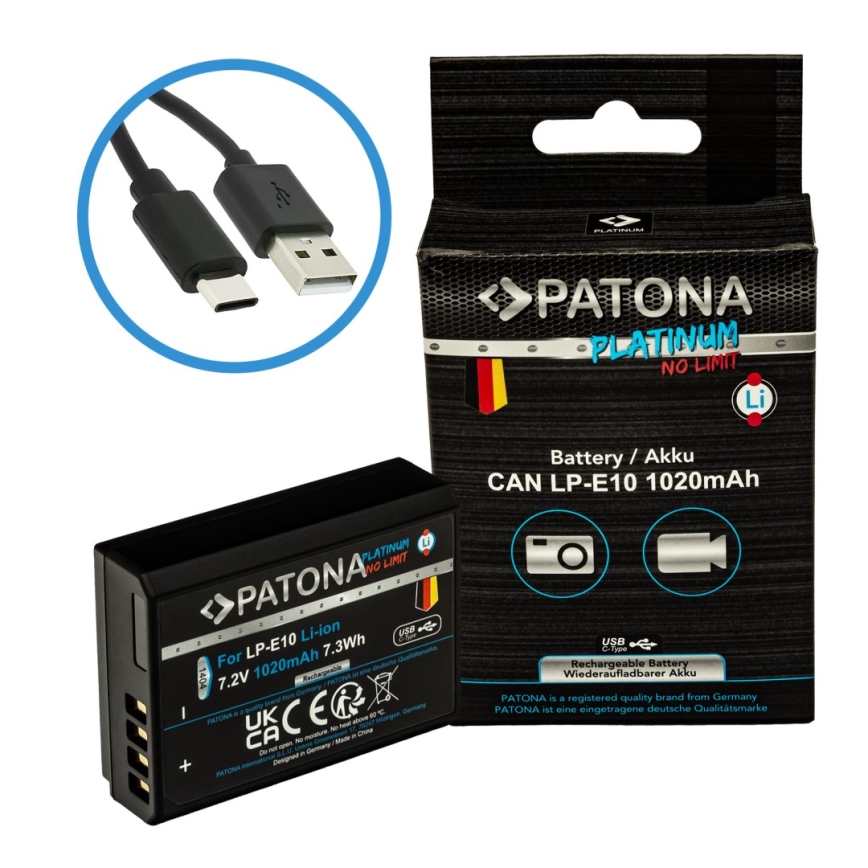 PATONA - Аккумулятор Canon LP-E10 1020mAh Li-Ion Platinum зарядка USB-C