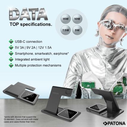 PATONA - Бездротовй зарядний пристрій 3v1 діаметр iPhone чорний