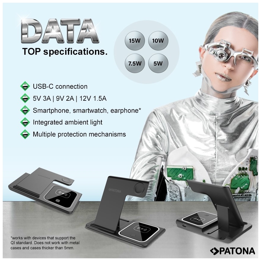 PATONA - Бездротовй зарядний пристрій 3v1 діаметр iPhone чорний
