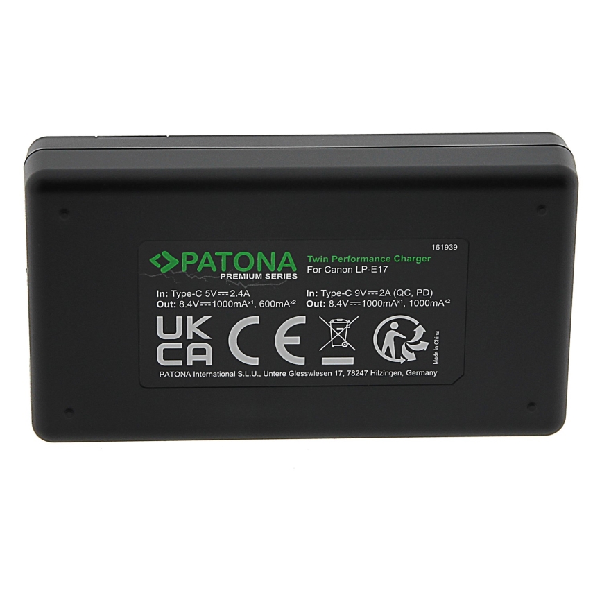 PATONA - Быстрое зарядное устройство Dual Canon LP-E17 + кабель USB-C 0,6м