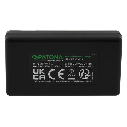PATONA - Быстрое зарядное устройство Dual Nikon EN-EL15/EN-EL15C + кабель USB-C 0,6м