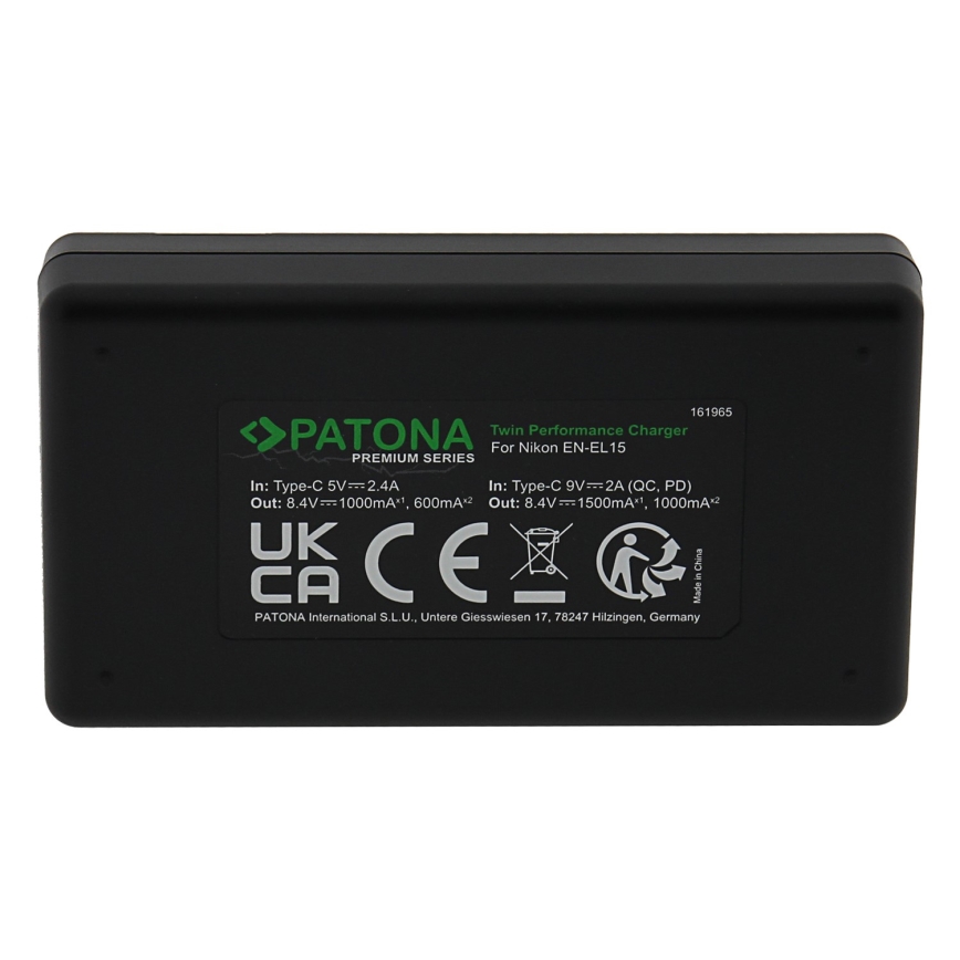 PATONA - Быстрое зарядное устройство Dual Nikon EN-EL15/EN-EL15C + кабель USB-C 0,6м