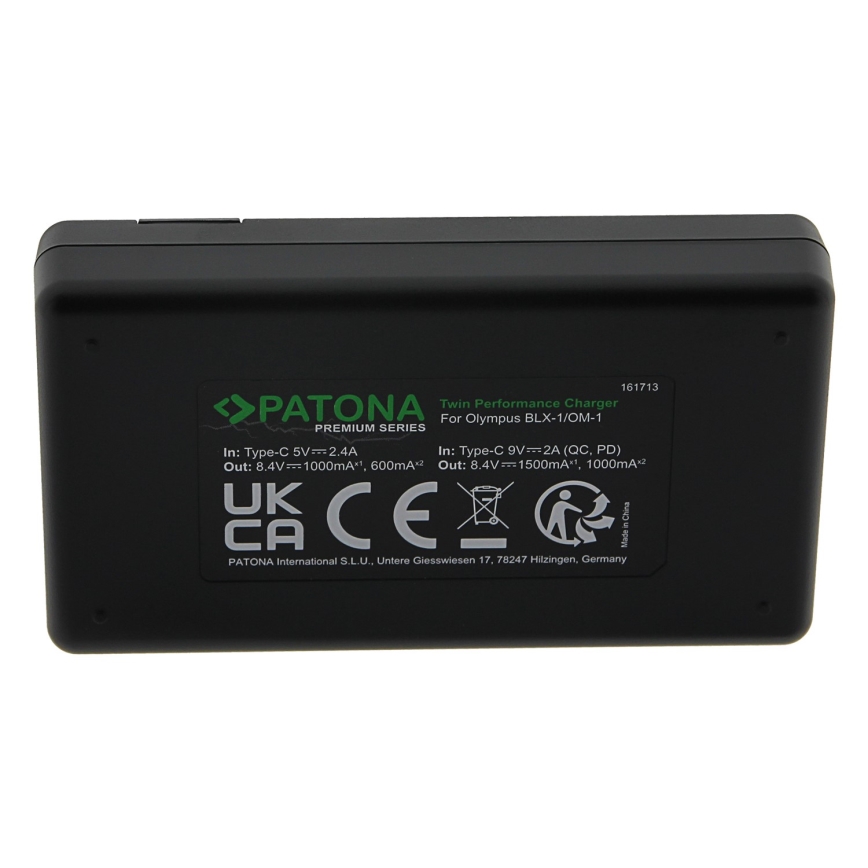 PATONA - Быстрое зарядное устройство Dual Olympus BLX-1 + кабель USB-C 0,6м